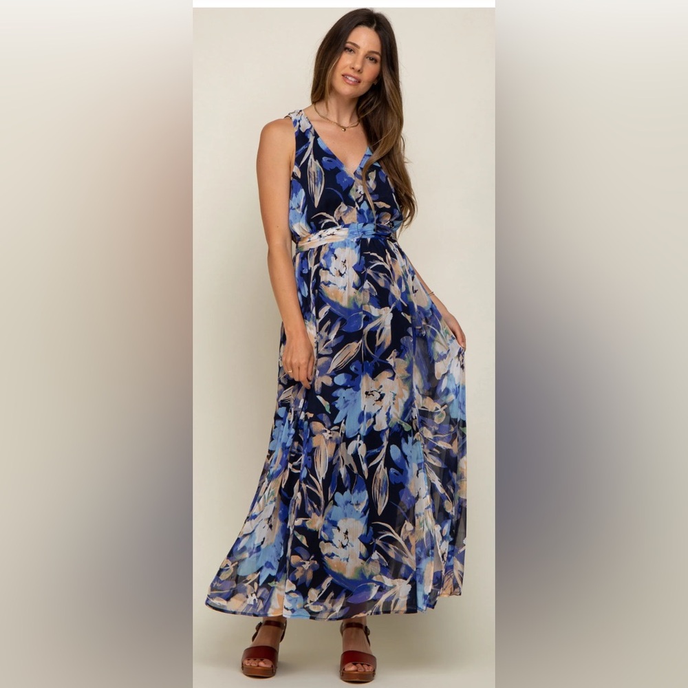 Maternity Navy Floral Pleated Waist Maxi Dress